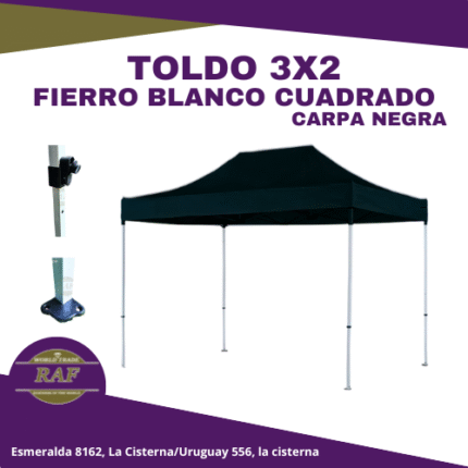 TOLDO 3X2 FIERRO BLANCO CUADRADO CARPA NEGRA